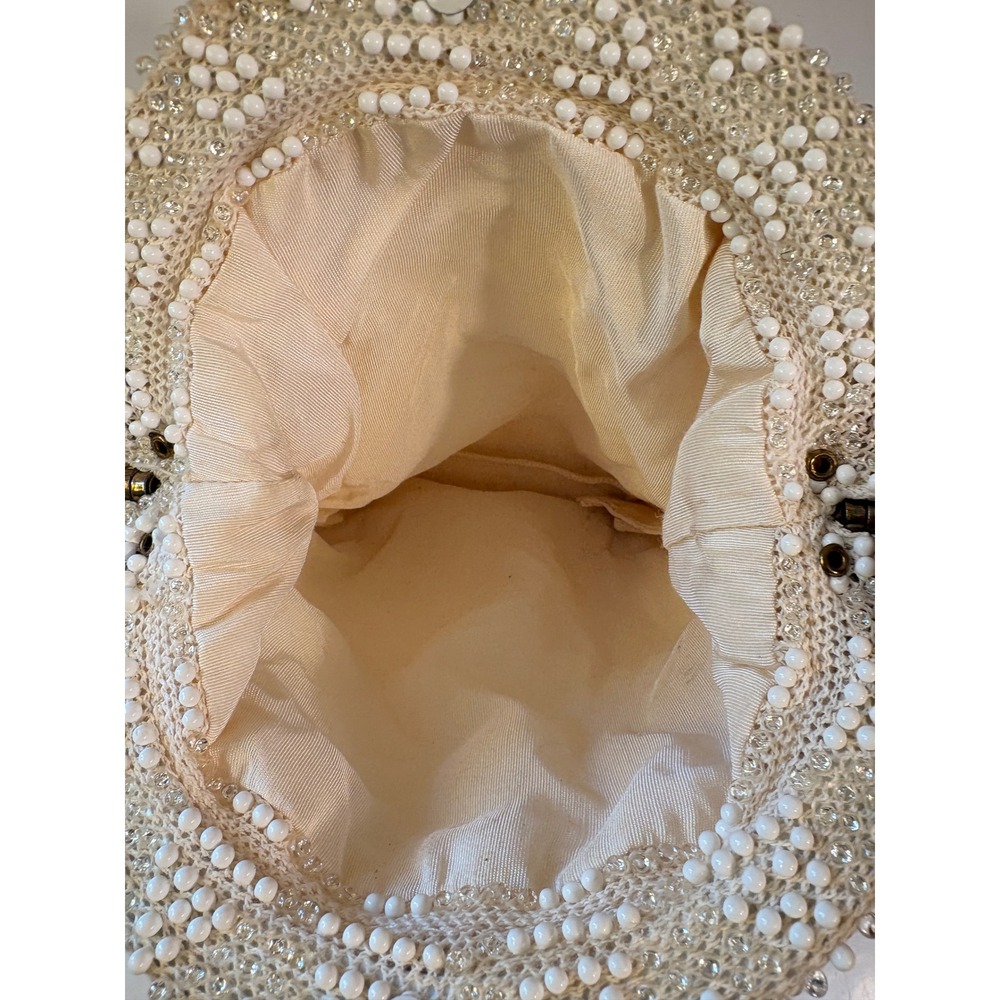 Vintage Beaded Wristlet Clutch Cream White Diamond Pattern Evening Bag 5.5" - Picture 3 of 8